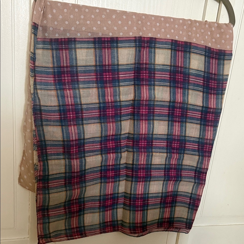2 side design Plaid Lightweight Scarf with Polka Dot Trim in Navy and Pink